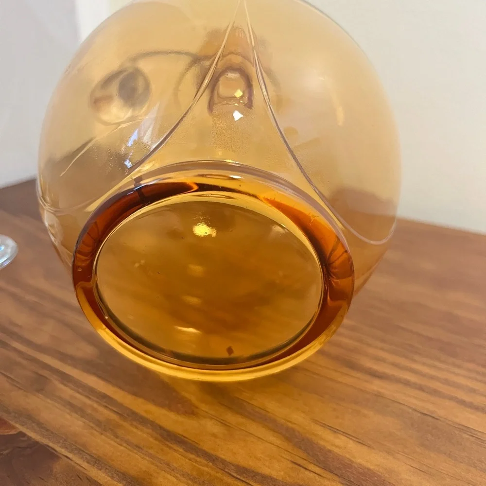 Vintage Amber Glass Globe Decanter Set Wth Stopper & 3 Cordial Glasses Barware